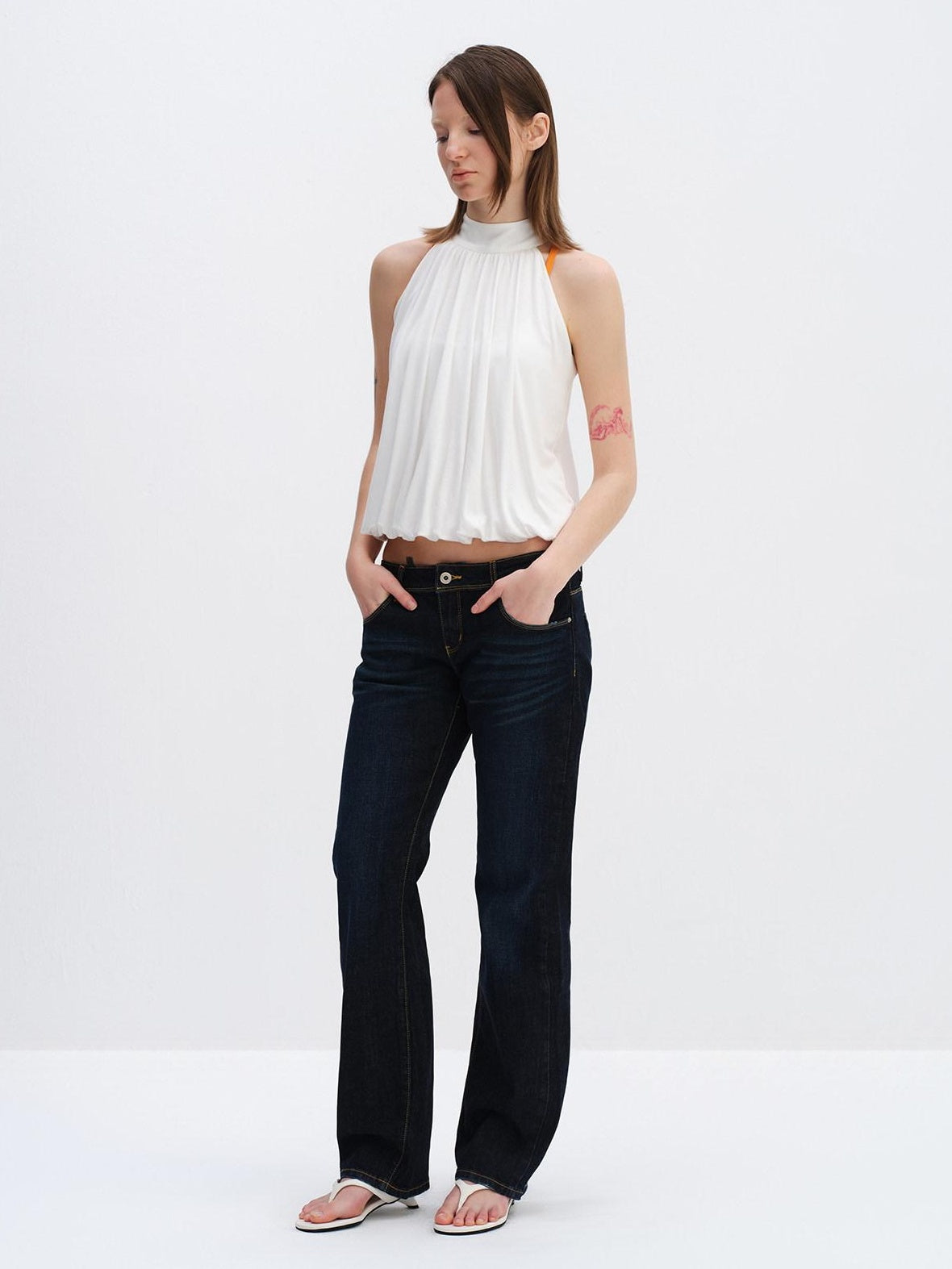 RUN TO THE FUTURE Breathable Lyocell Pleated Halter Loose Button Elastic Hem White Women Camisoles