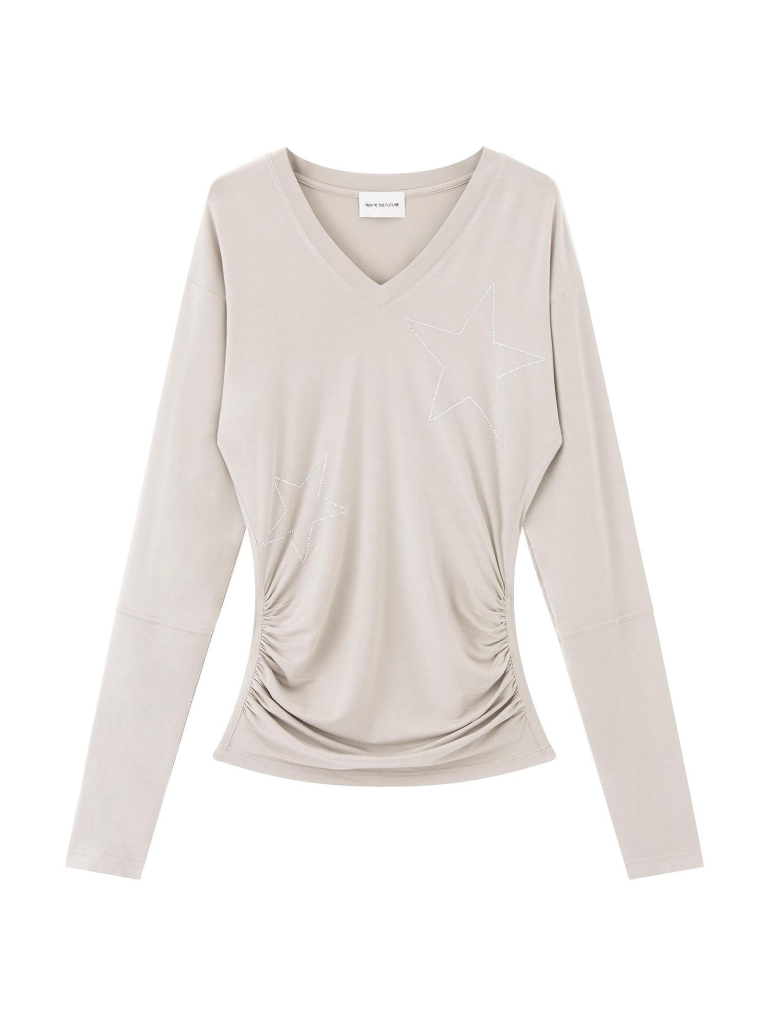 RUN TO THE FUTURE Breathable Lyocell Slim Fit V-neck Rhinestone Star Women Long Sleeve T-Shirts