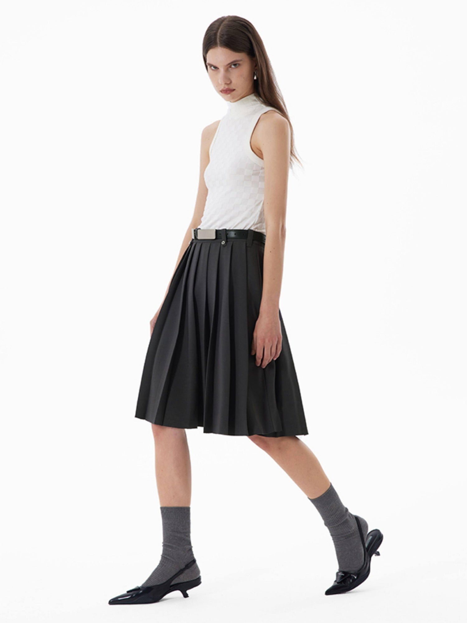 RUN TO THE FUTURE Breathable Pleated Korean Commuter A Line Mid Waist Women Gray Midi Skirts