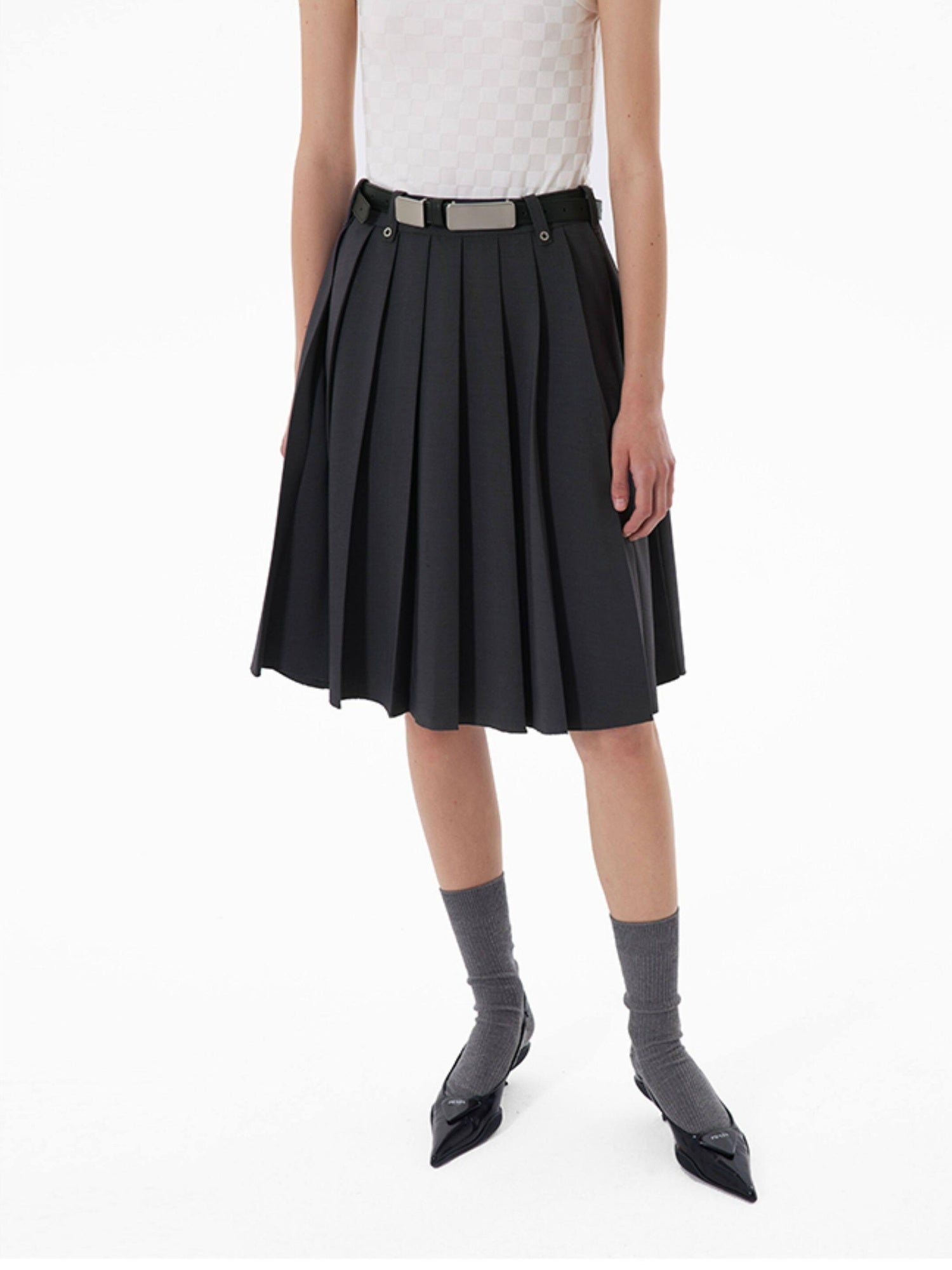 RUN TO THE FUTURE Breathable Pleated Korean Commuter A Line Mid Waist Women Gray Midi Skirts
