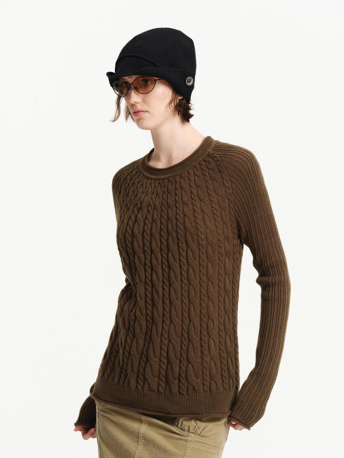 RUN TO THE FUTURE Cable Knit Rolled Edge Relaxed Fit Women&