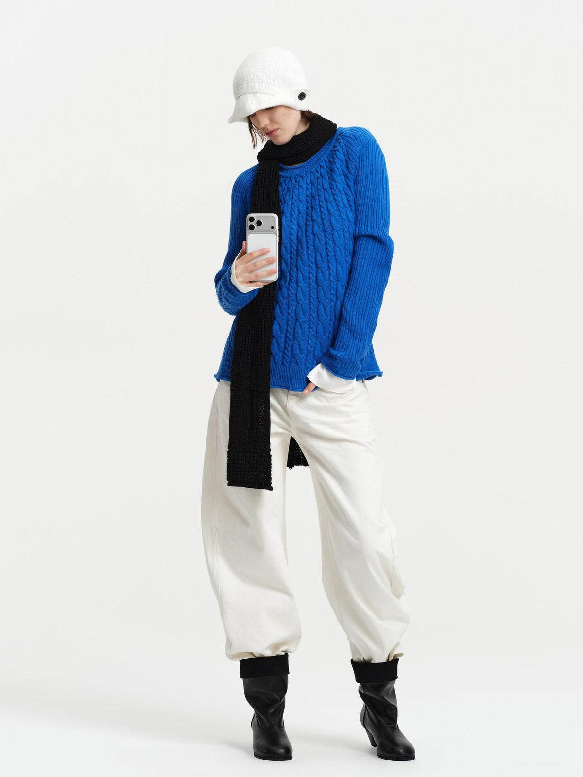 RUN TO THE FUTURE Cable Knit Rolled Edge Relaxed Fit Women&
