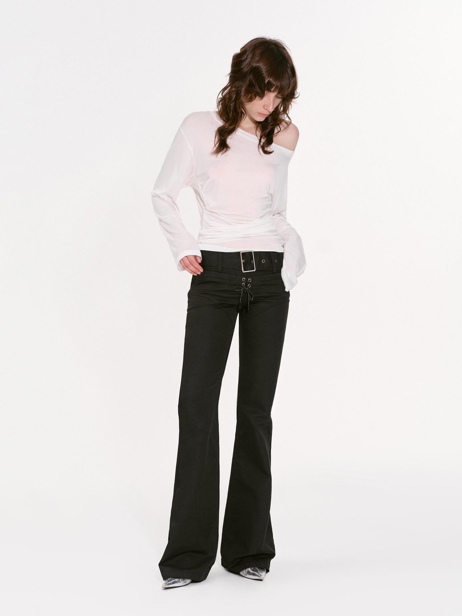 RUN TO THE FUTURE Classic Black Slim Fit Low Waist Belt Pockets Women&