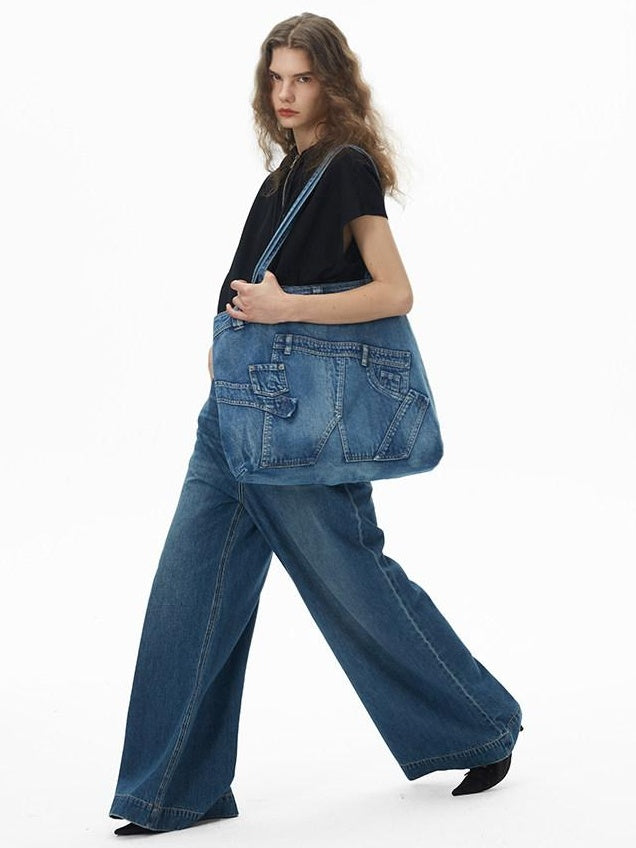 RUN TO THE FUTURE Coated Denim Multi Pocket Vintage Natural Waist Unisex Wide-Leg Jeans