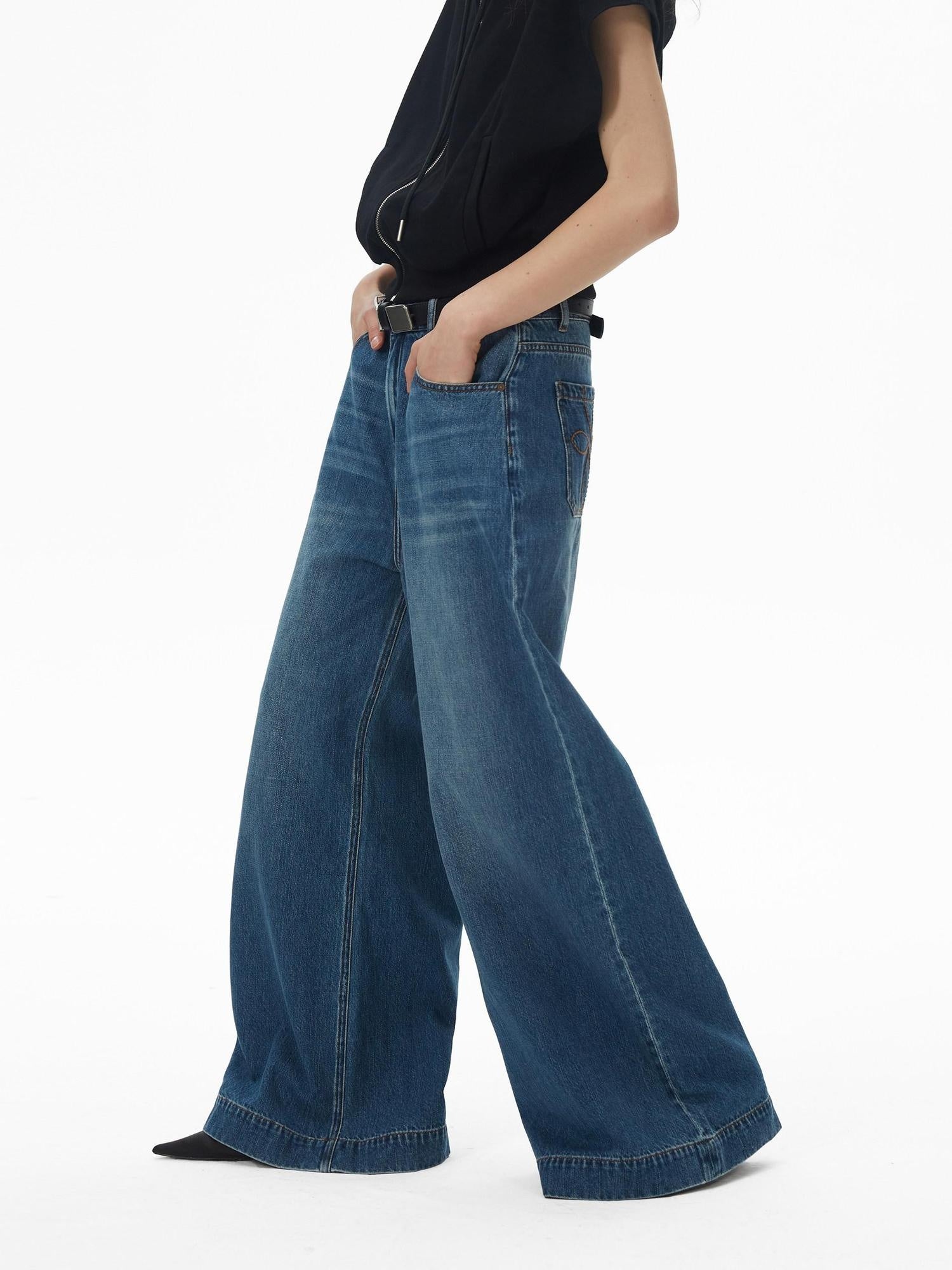 RUN TO THE FUTURE Coated Denim Multi Pocket Vintage Natural Waist Unisex Wide-Leg Jeans