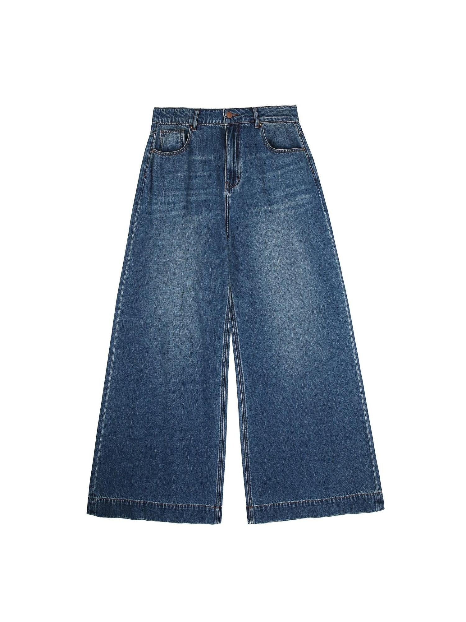 RUN TO THE FUTURE Coated Denim Multi Pocket Vintage Natural Waist Unisex Wide-Leg Jeans