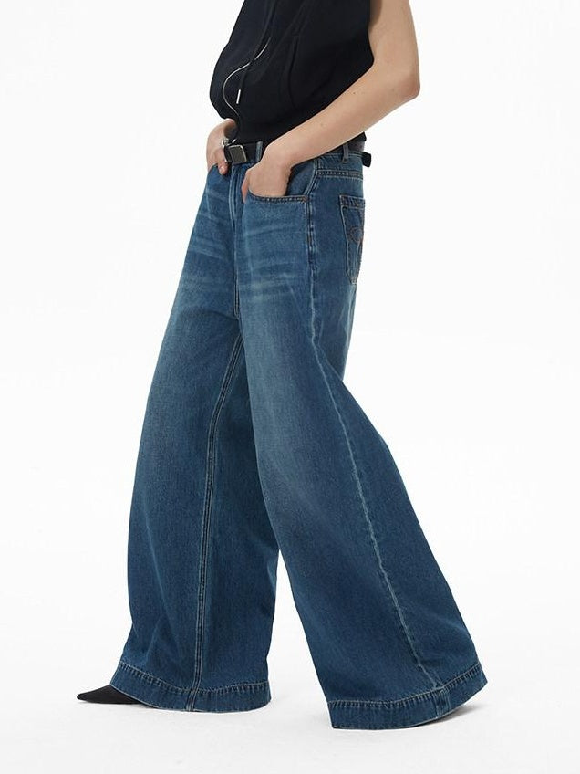 RUN TO THE FUTURE Coated Denim Multi Pocket Vintage Natural Waist Unisex Wide-Leg Jeans