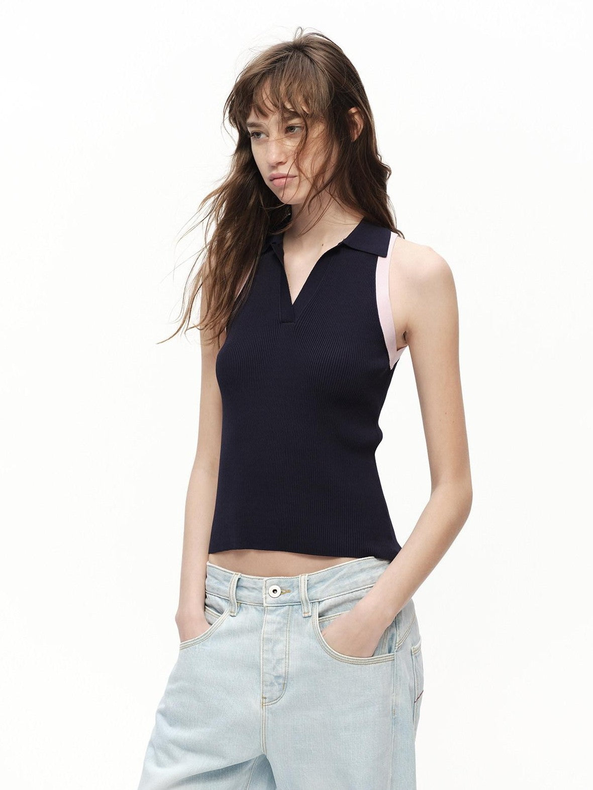 RUN TO THE FUTURE Colorblock Polo Collar Narrow Shoulder Slim Waist Women&