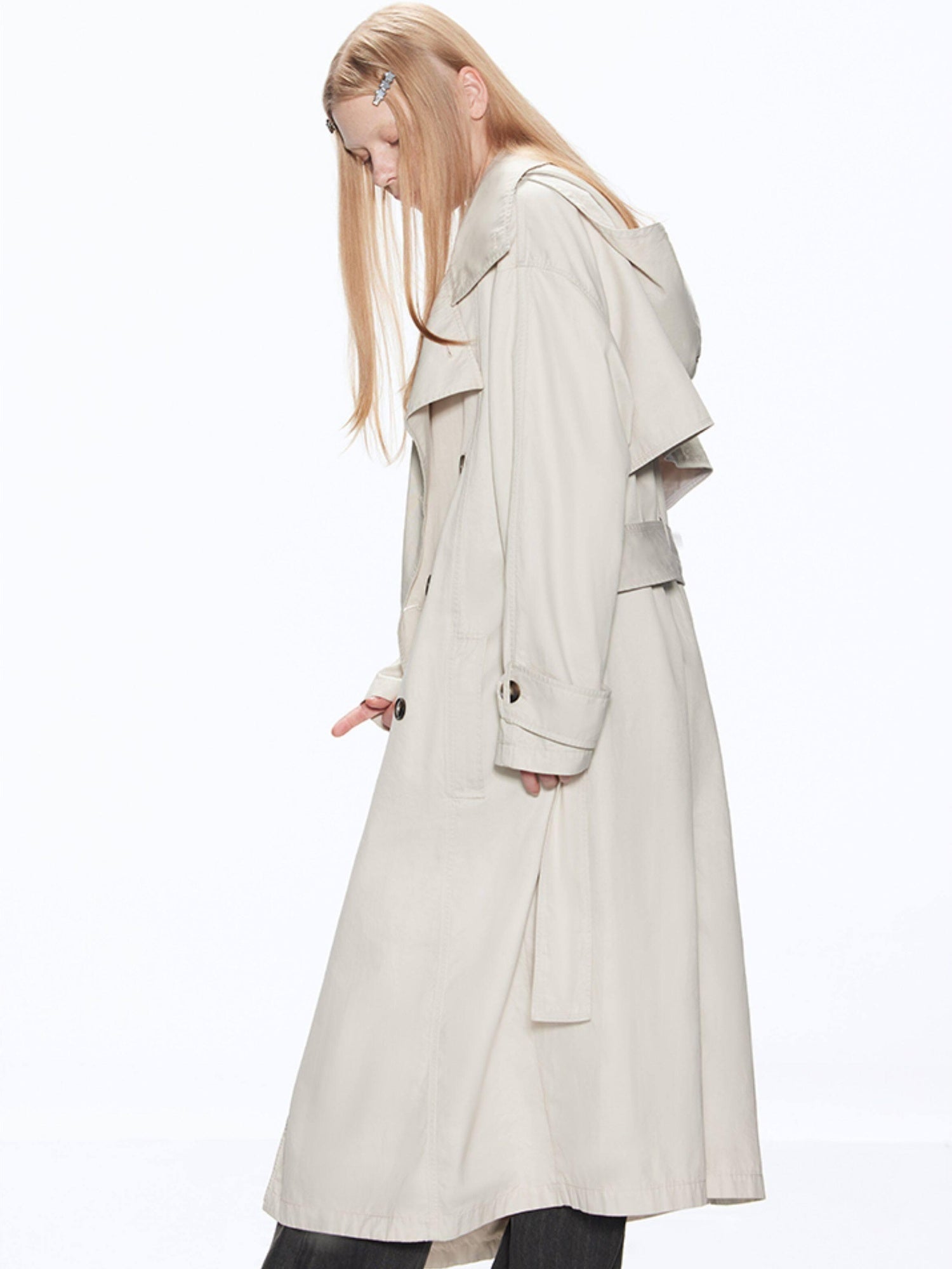 RUN TO THE FUTURE Cotton Blend Minimal Commuter Hooded Loose Long Button Women Khaki Trench Coats