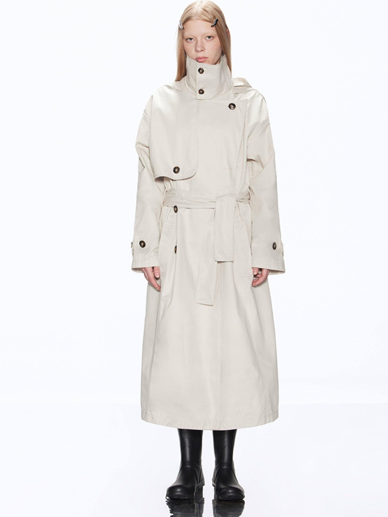 RUN TO THE FUTURE Cotton Blend Minimal Commuter Hooded Loose Long Button Women Khaki Trench Coats