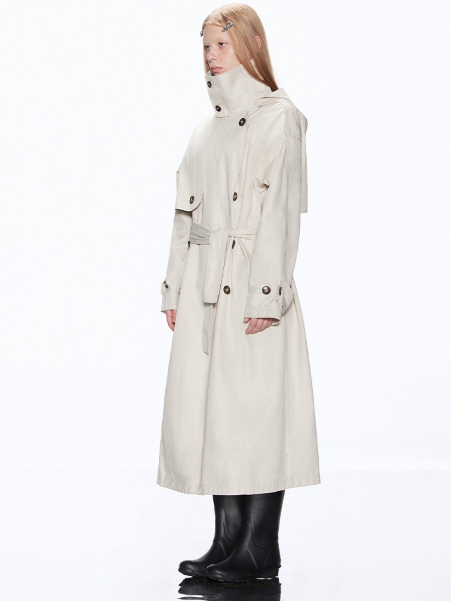 RUN TO THE FUTURE Cotton Blend Minimal Commuter Hooded Loose Long Button Women Khaki Trench Coats