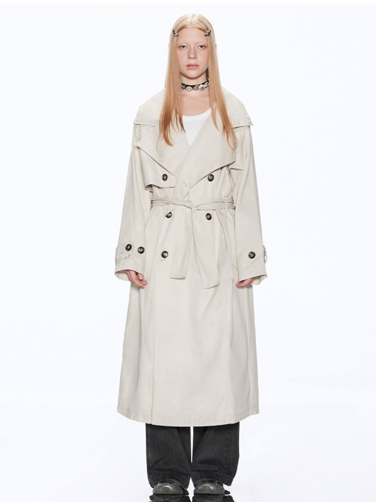 RUN TO THE FUTURE Cotton Blend Minimal Commuter Hooded Loose Long Button Women Khaki Trench Coats