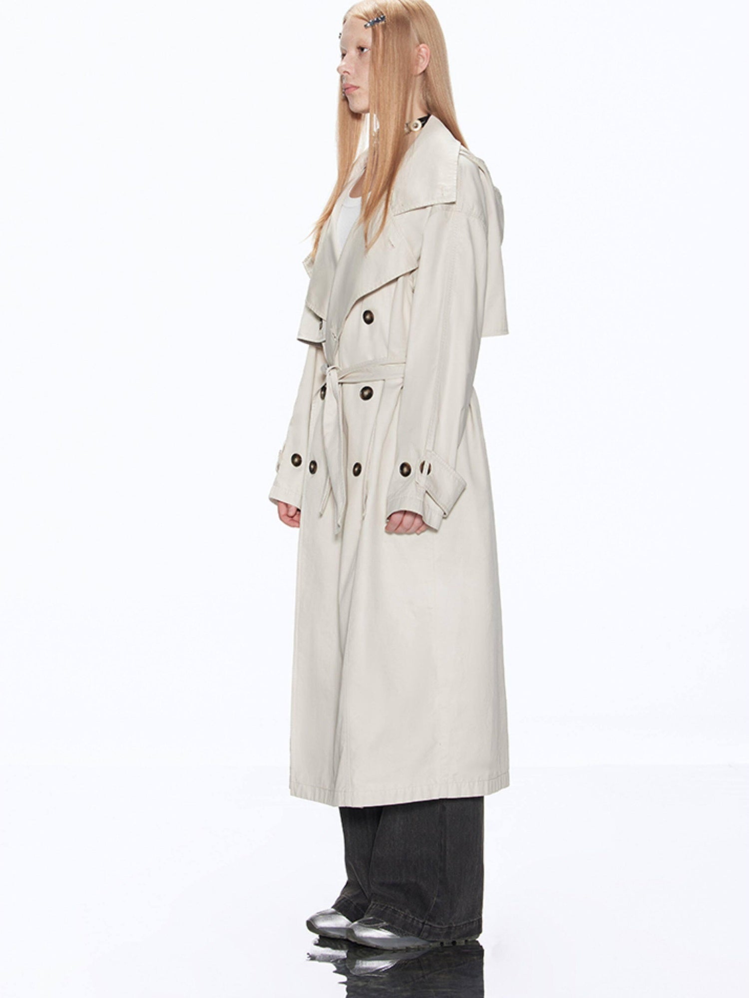 RUN TO THE FUTURE Cotton Blend Minimal Commuter Hooded Loose Long Button Women Khaki Trench Coats