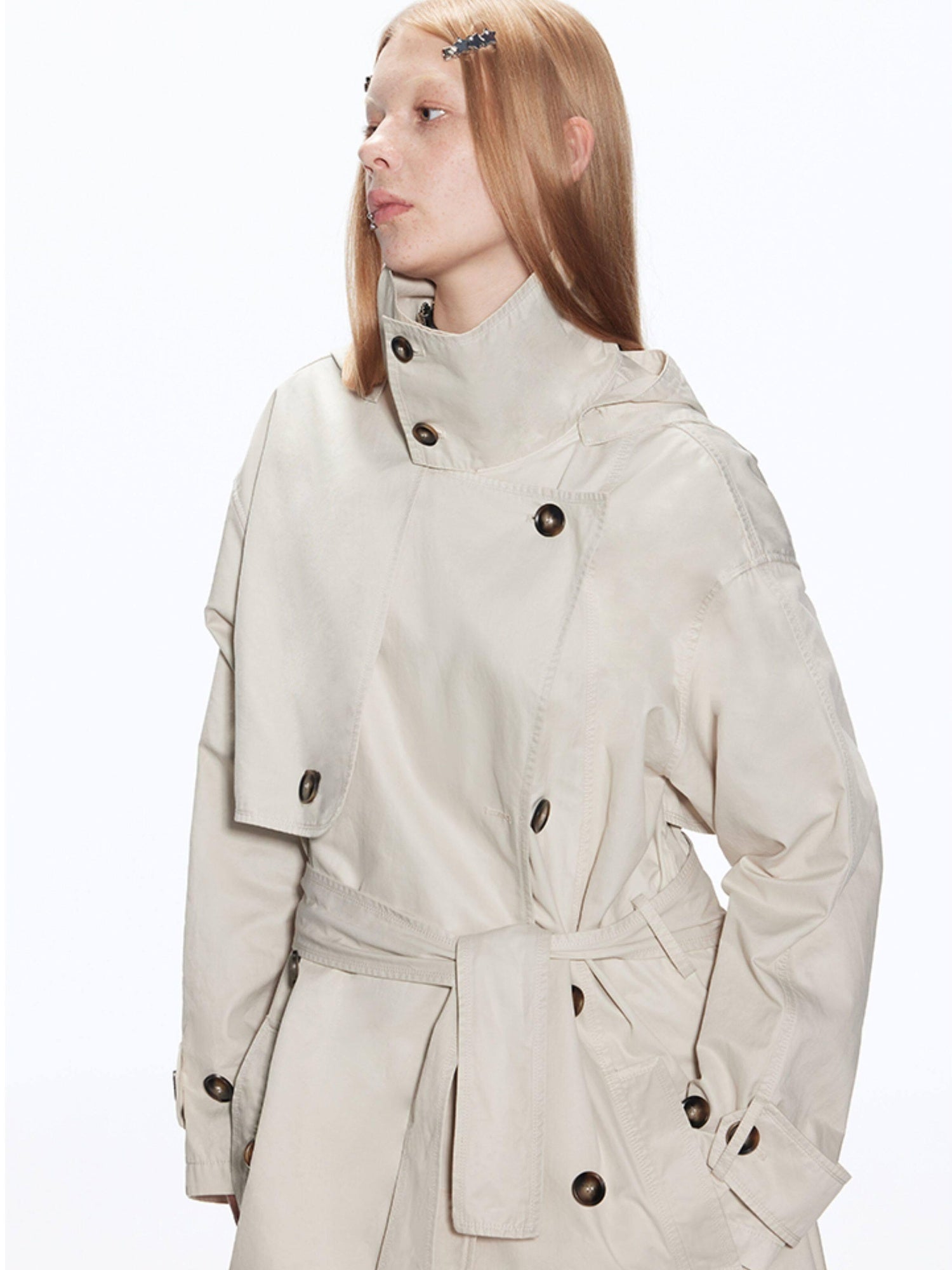 RUN TO THE FUTURE Cotton Blend Minimal Commuter Hooded Loose Long Button Women Khaki Trench Coats