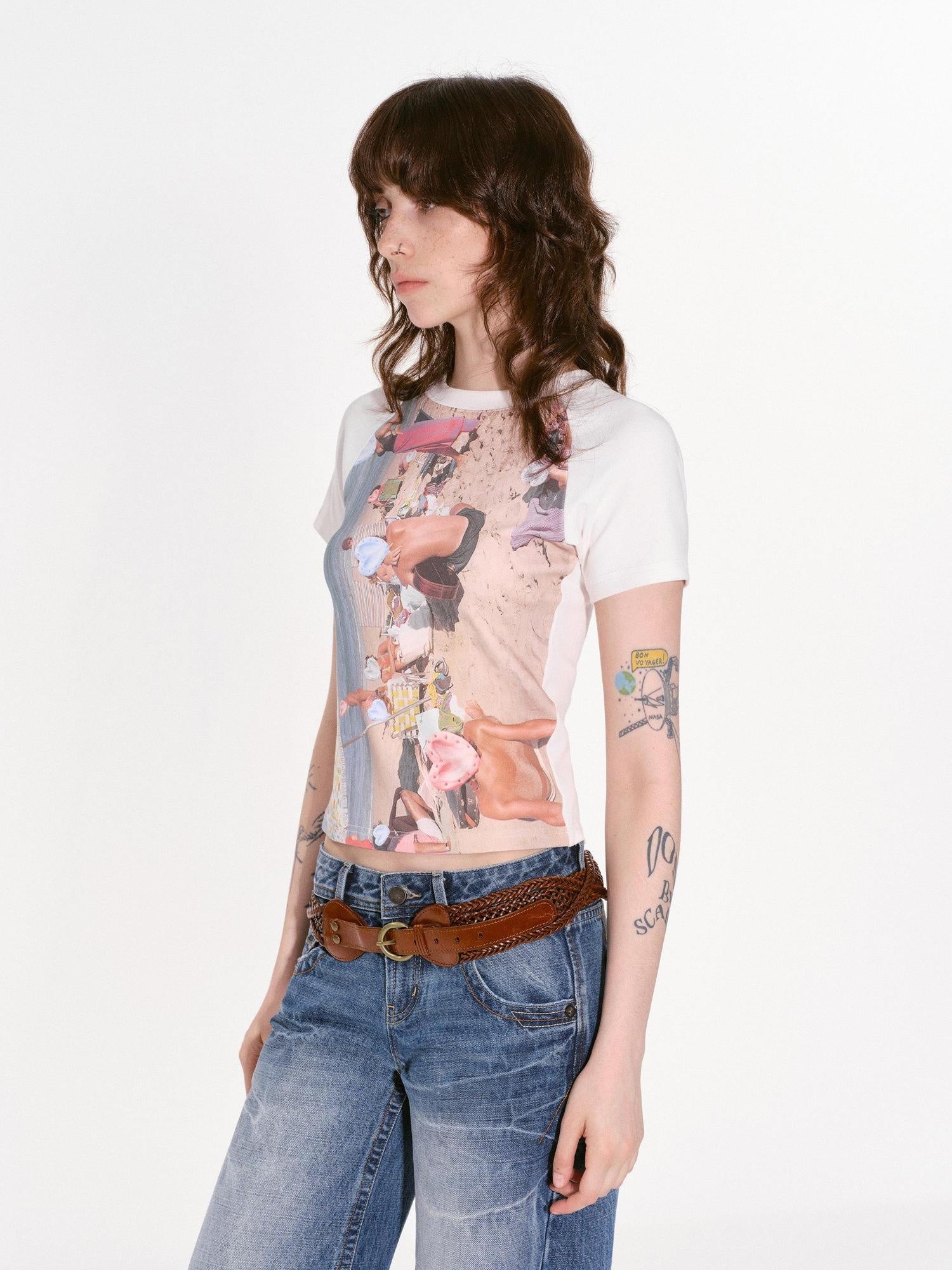 RUN TO THE FUTURE Cotton Stretch Slim Fit Printed Crew Neck Vintage Graphic Tee Crop Tops