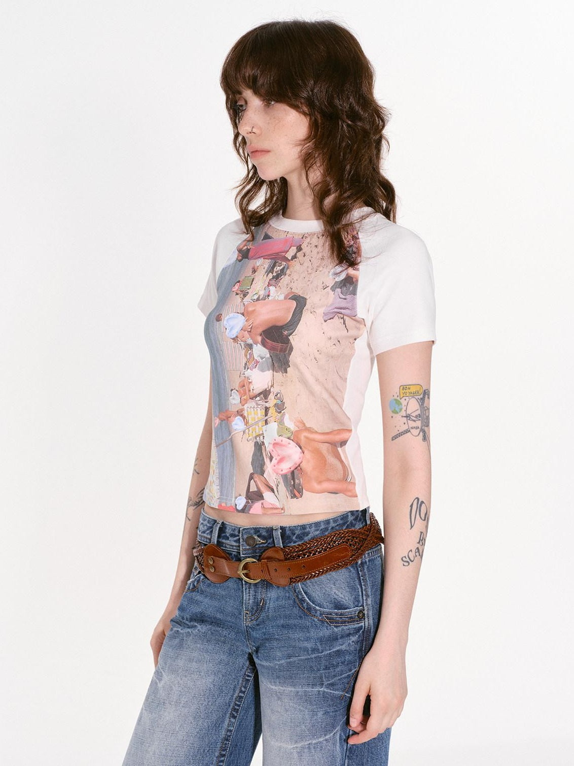 RUN TO THE FUTURE Cotton Stretch Slim Fit Printed Crew Neck Vintage Graphic Tee Crop Tops