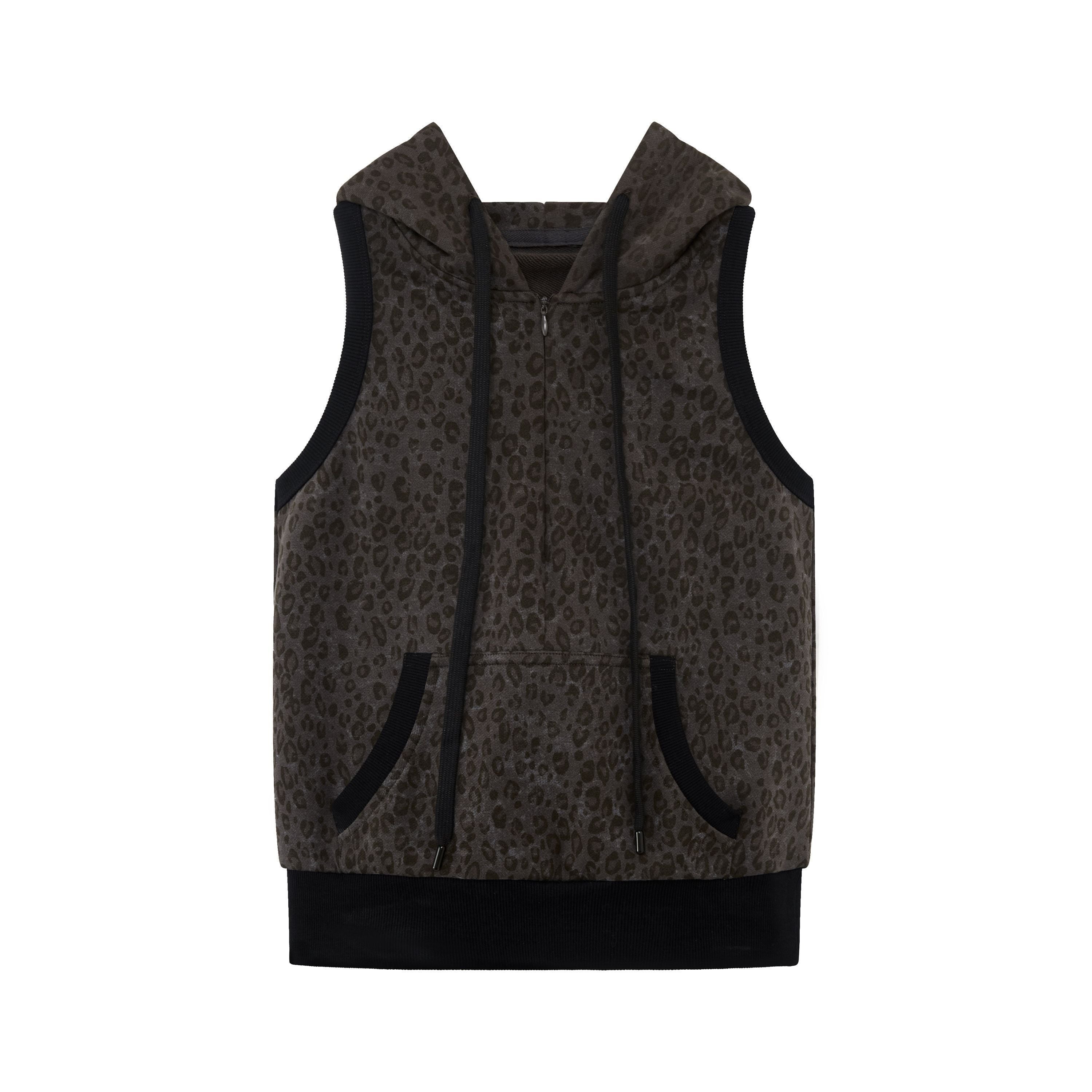 RUN TO THE FUTURE Cotton Terry Backless Hooded Slim Leopard Zip Cardigan Women Tank Tops