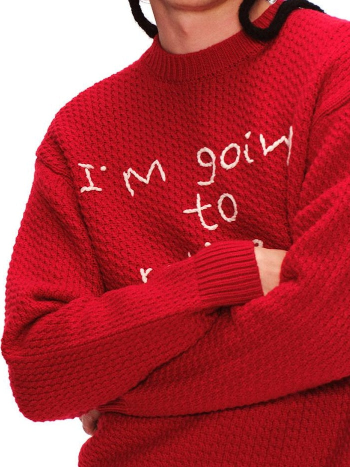 RUN TO THE FUTURE Cozy Knit Casual Loose Fit Printed Crewneck Women New Year Red Sweaters