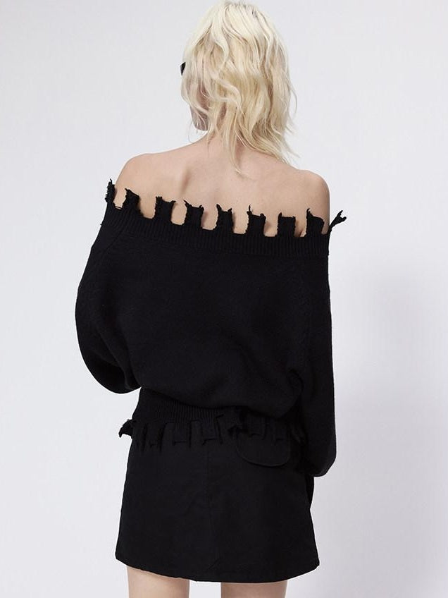 RUN TO THE FUTURE Cozy Thermal Boat Neck Straight Cut Openwork Workwear Black Knit Sweaters