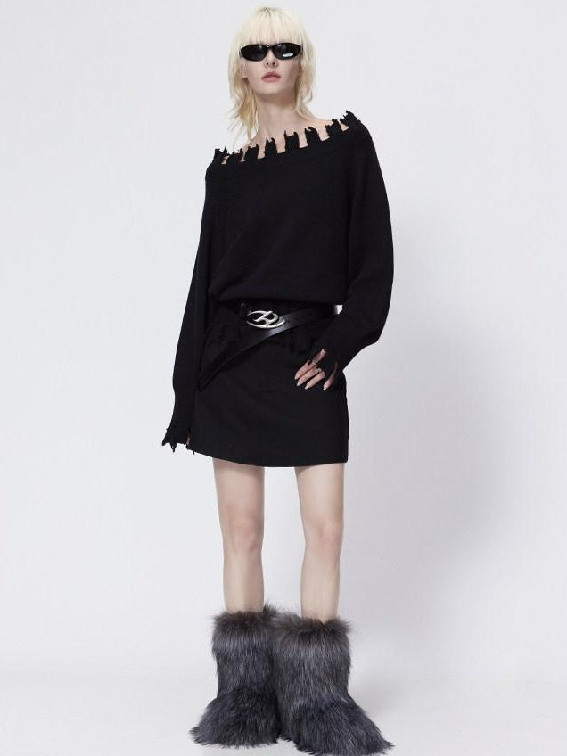 RUN TO THE FUTURE Cozy Thermal Boat Neck Straight Cut Openwork Workwear Black Knit Sweaters