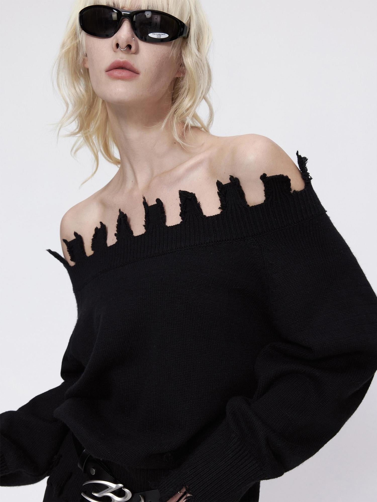 RUN TO THE FUTURE Cozy Thermal Boat Neck Straight Cut Openwork Workwear Black Knit Sweaters