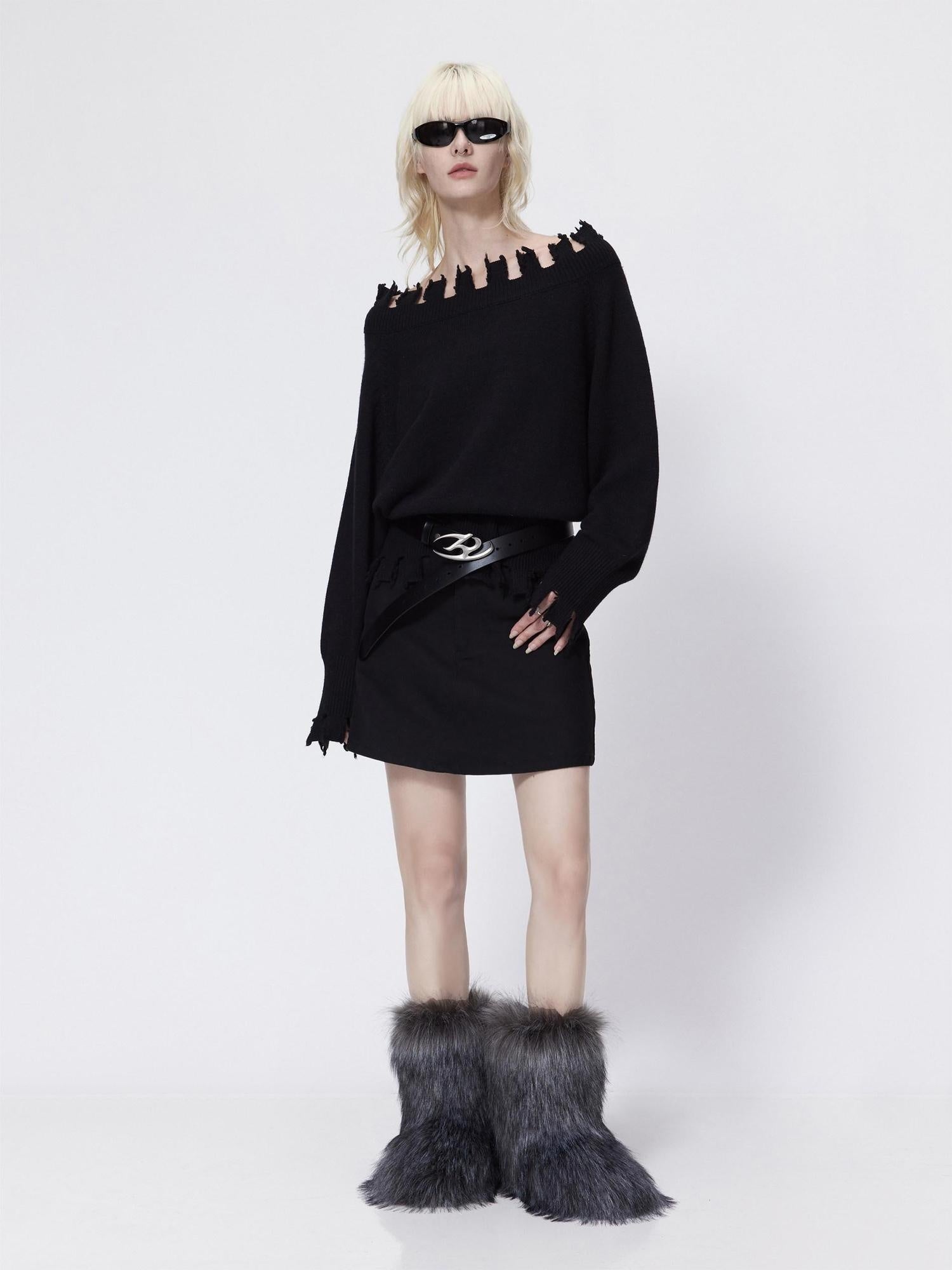 RUN TO THE FUTURE Cozy Thermal Boat Neck Straight Cut Openwork Workwear Black Knit Sweaters