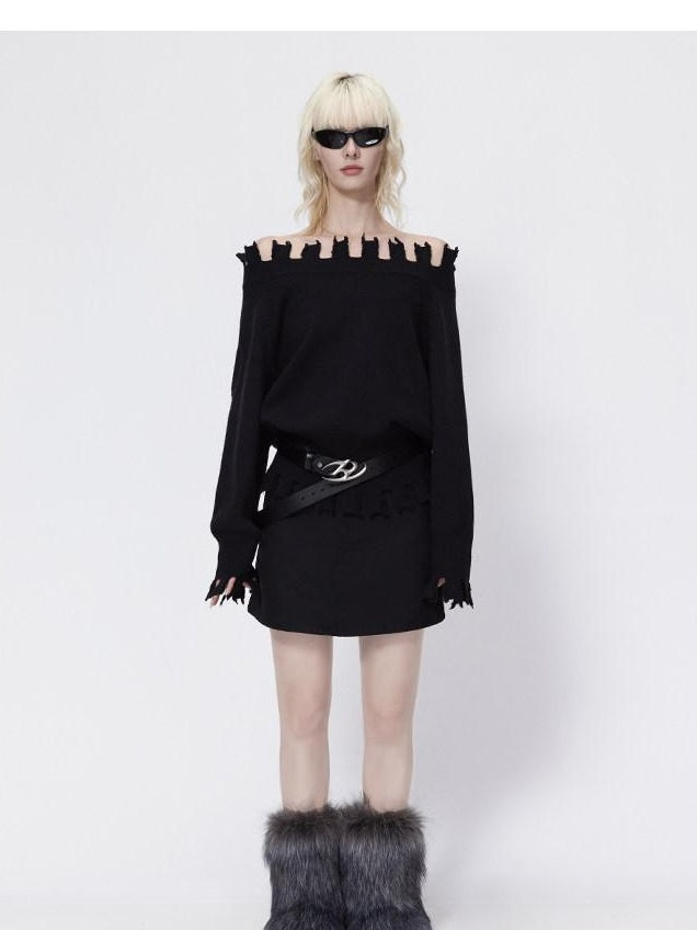RUN TO THE FUTURE Cozy Thermal Boat Neck Straight Cut Openwork Workwear Black Knit Sweaters