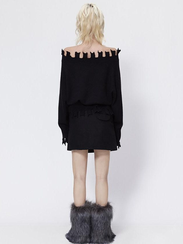 RUN TO THE FUTURE Cozy Thermal Boat Neck Straight Cut Openwork Workwear Black Knit Sweaters