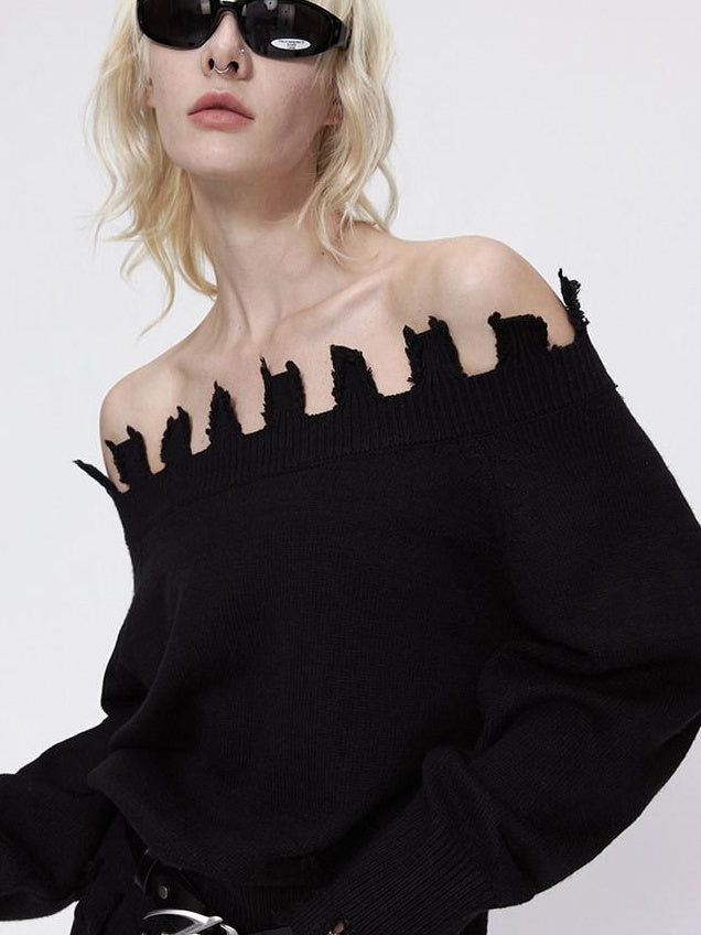 RUN TO THE FUTURE Cozy Thermal Boat Neck Straight Cut Openwork Workwear Black Knit Sweaters
