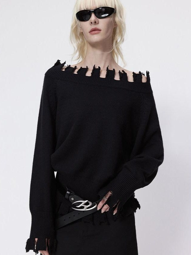 RUN TO THE FUTURE Cozy Thermal Boat Neck Straight Cut Openwork Workwear Black Knit Sweaters