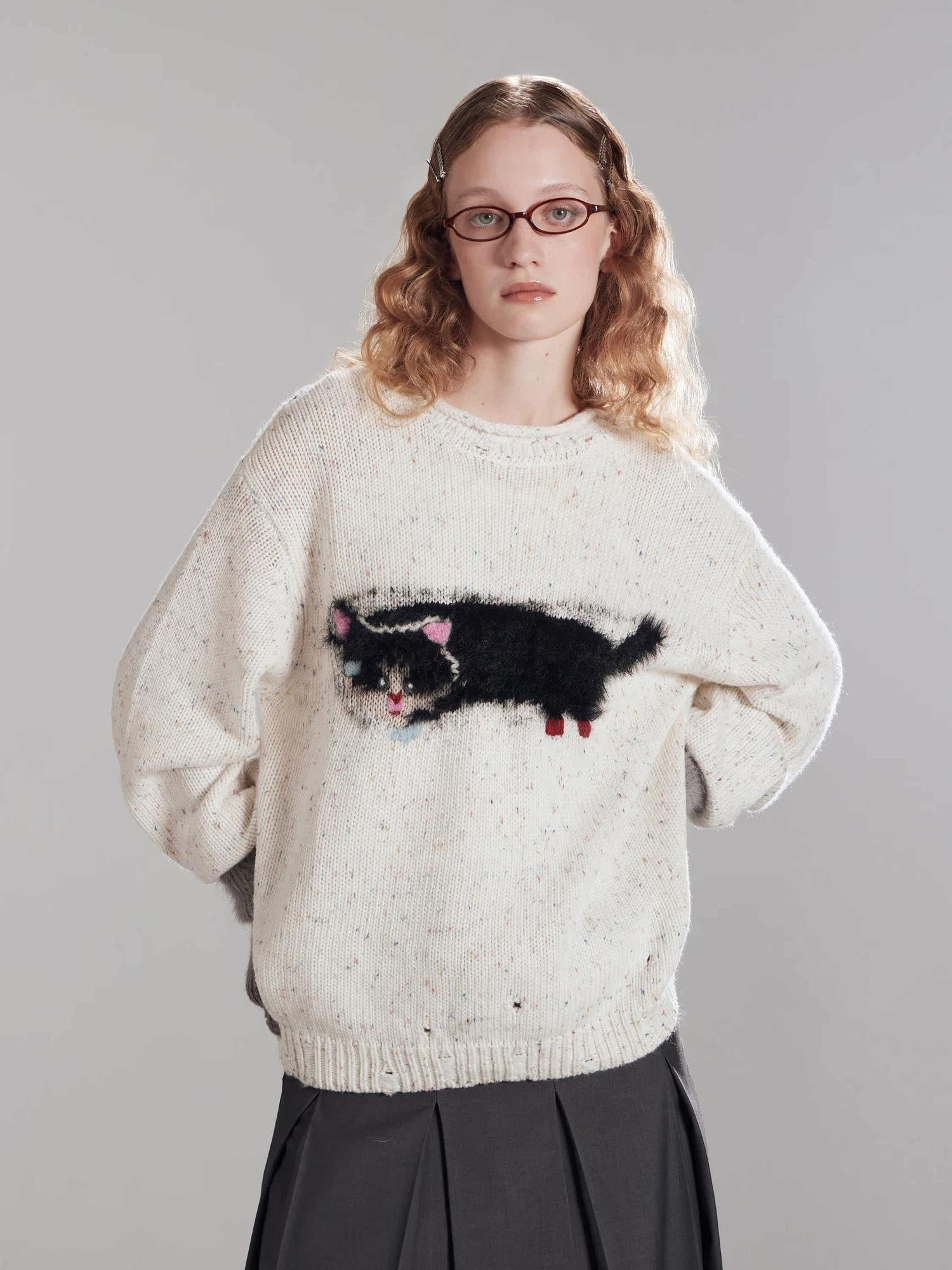 RUN TO THE FUTURE Cozy Thermal Relaxed Fit Commuter Round Neck Cute Animal Acrylic Blend Sweaters