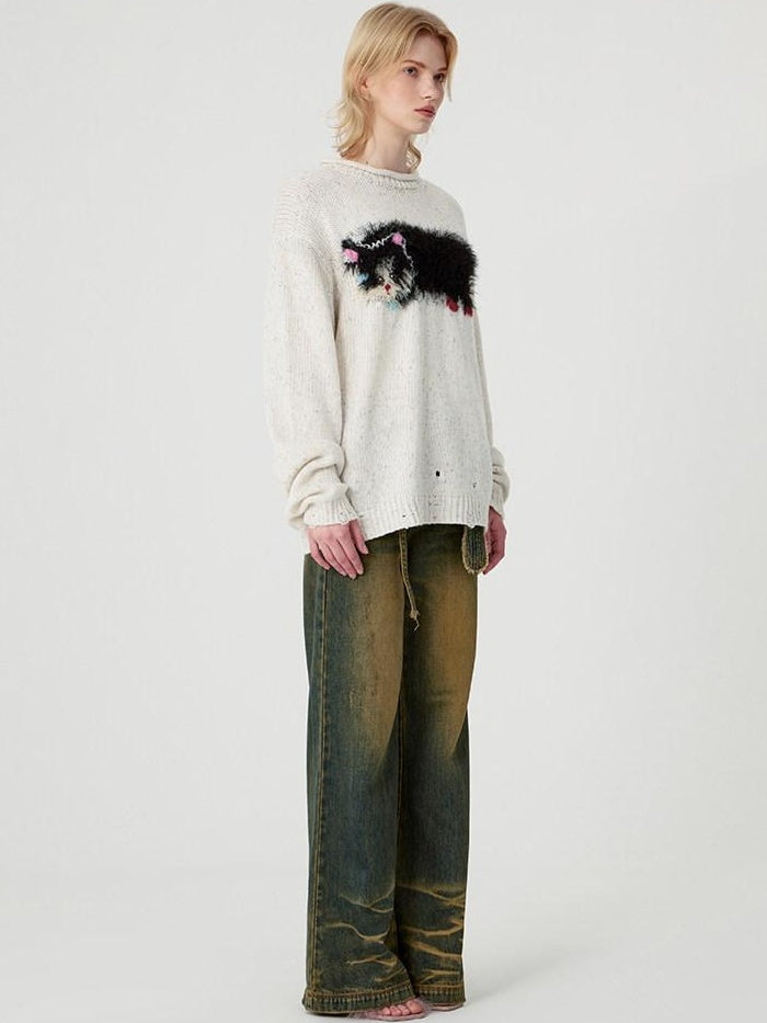 RUN TO THE FUTURE Cozy Thermal Relaxed Fit Commuter Round Neck Cute Animal Acrylic Blend Sweaters