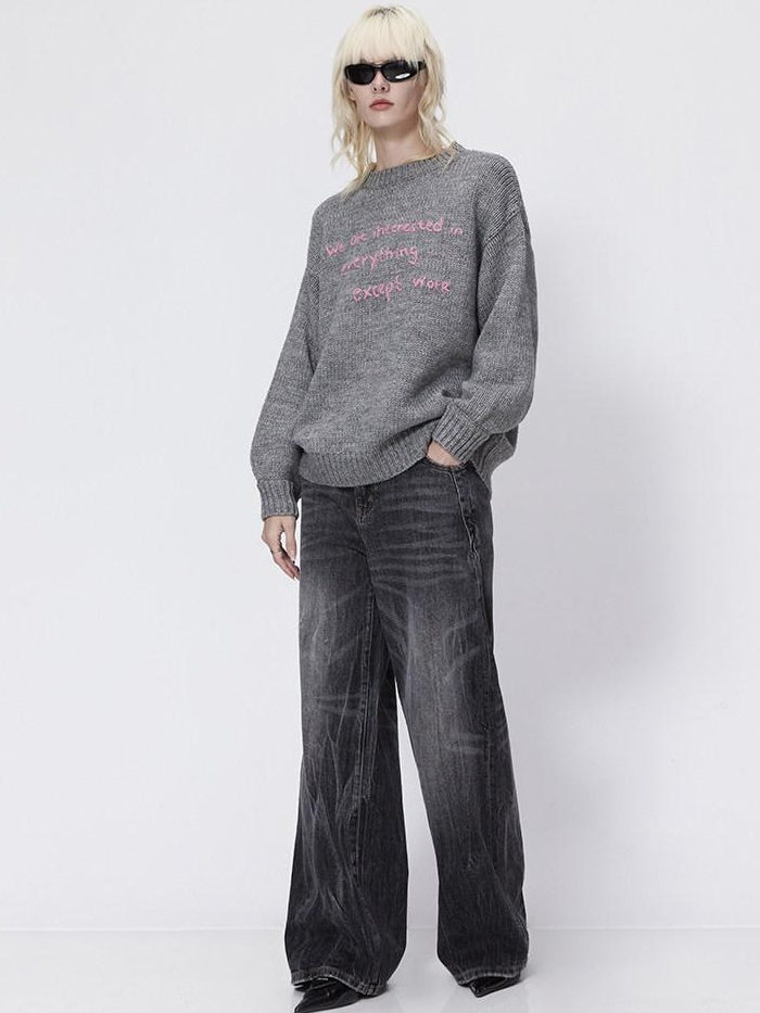 RUN TO THE FUTURE Cozy Wool Blend Relaxed Straight Crewneck Longsleeve Solid Women Sweaters