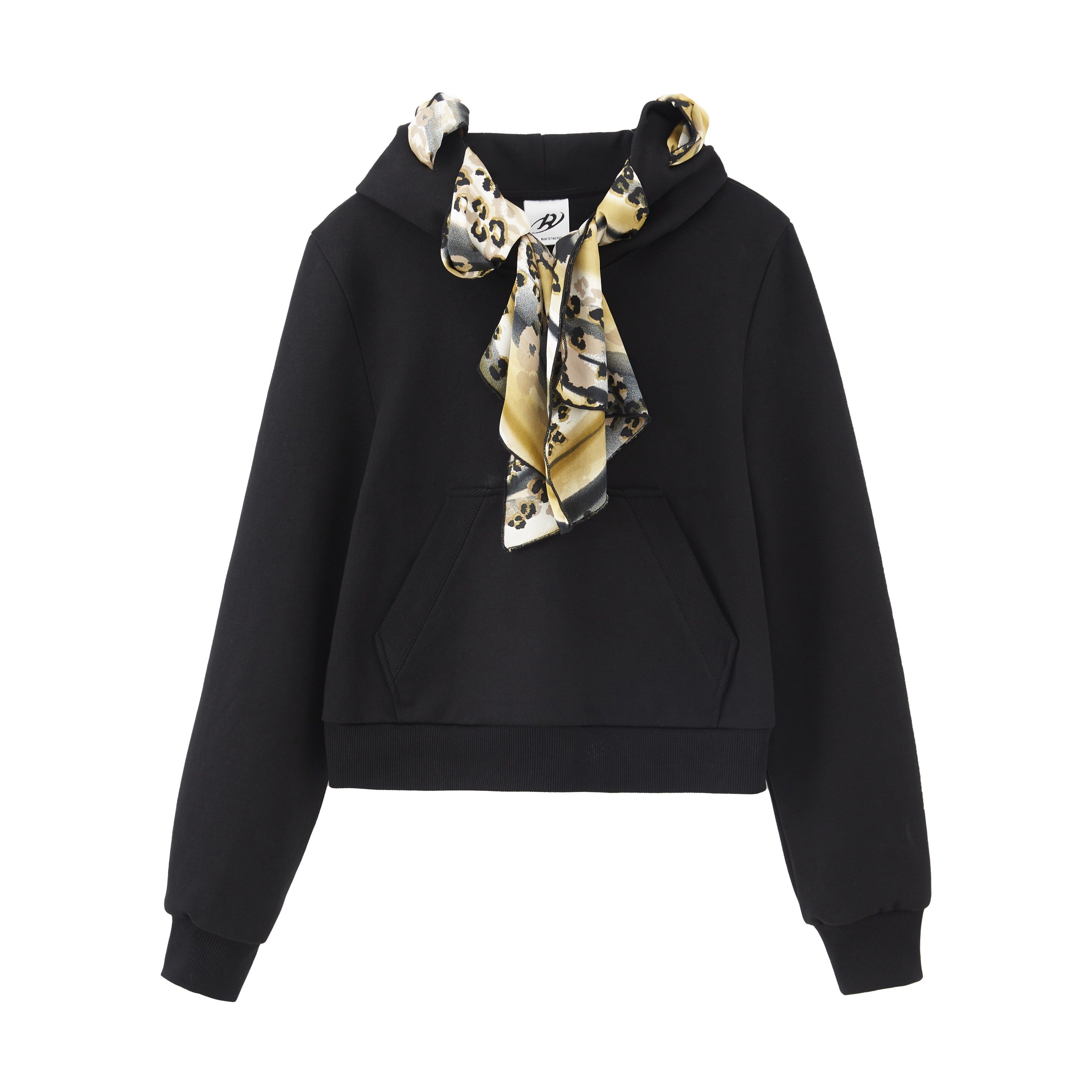 RUN TO THE FUTURE Cropped Slim Tie Detail Commuter Hooded Cotton Blend Meteor Black Hoodies