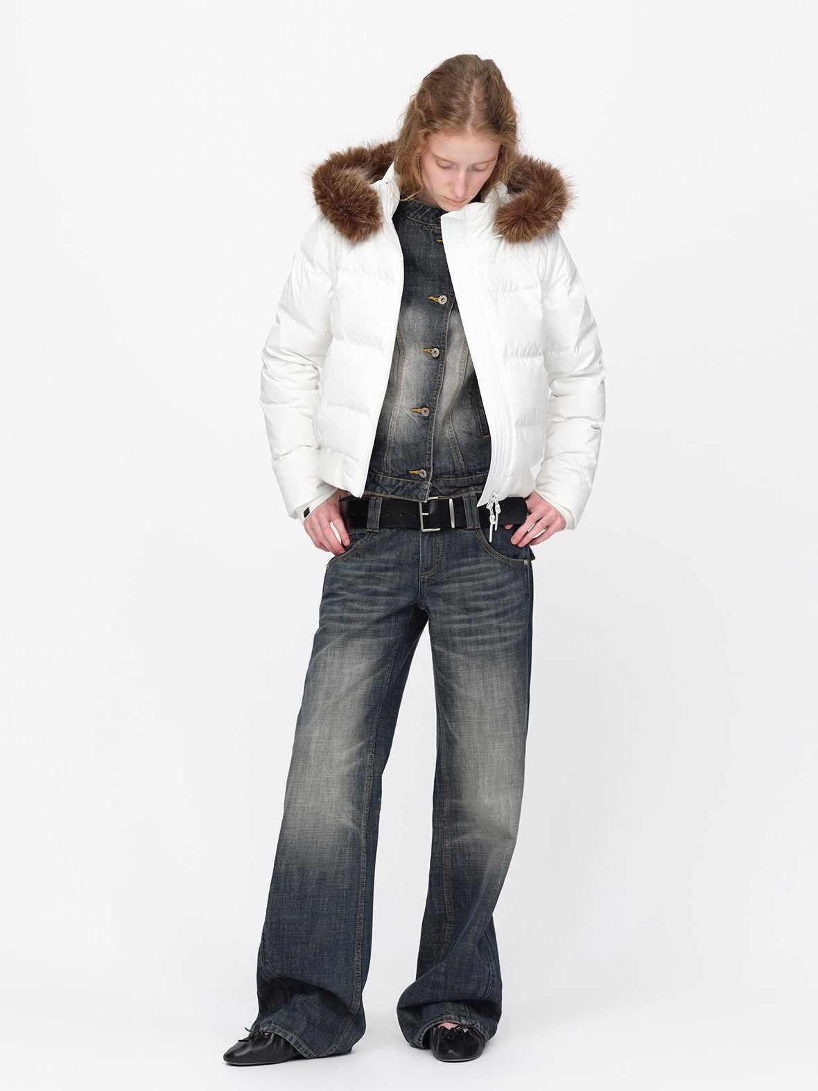 RUN TO THE FUTURE Detachable Sleeves Hooded 90 White Duck Down Quilted Women&