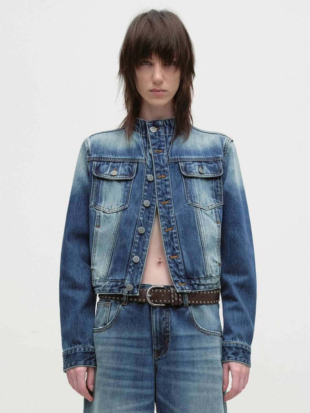 RUN TO THE FUTURE Distressed Blue Vintage Cropped Stand Collar Multi Pocket Women&