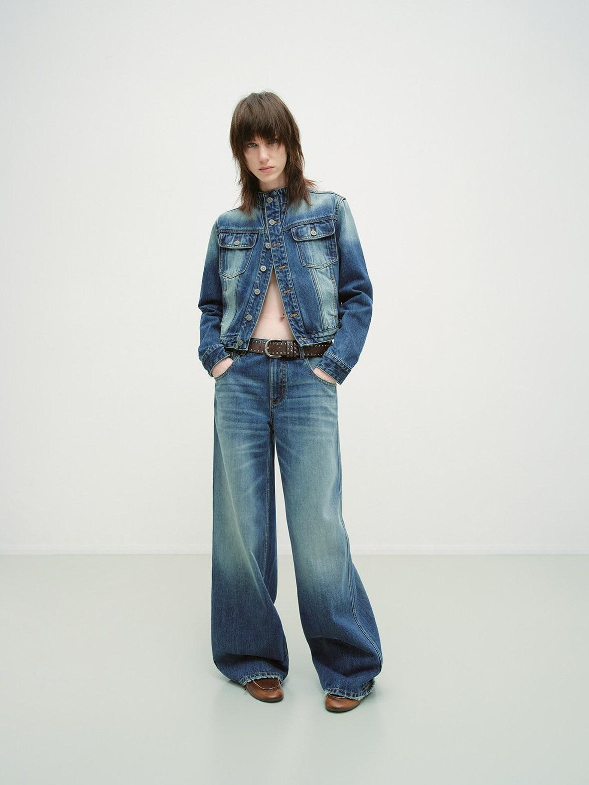 RUN TO THE FUTURE Distressed Blue Vintage Cropped Stand Collar Multi Pocket Women&