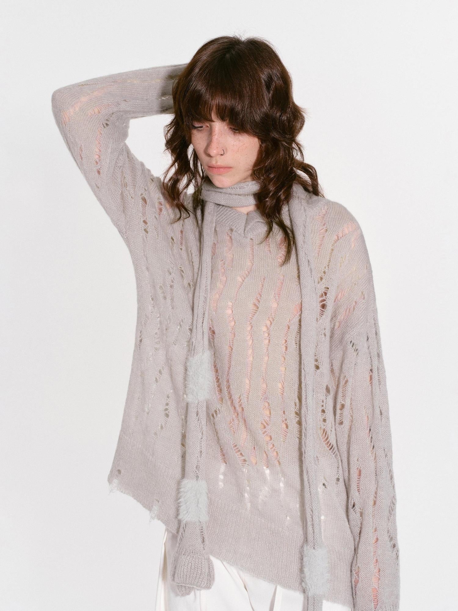 RUN TO THE FUTURE Distressed Hollow V-neck Loose Knit Commuter Young Women Wool Blend Sweaters
