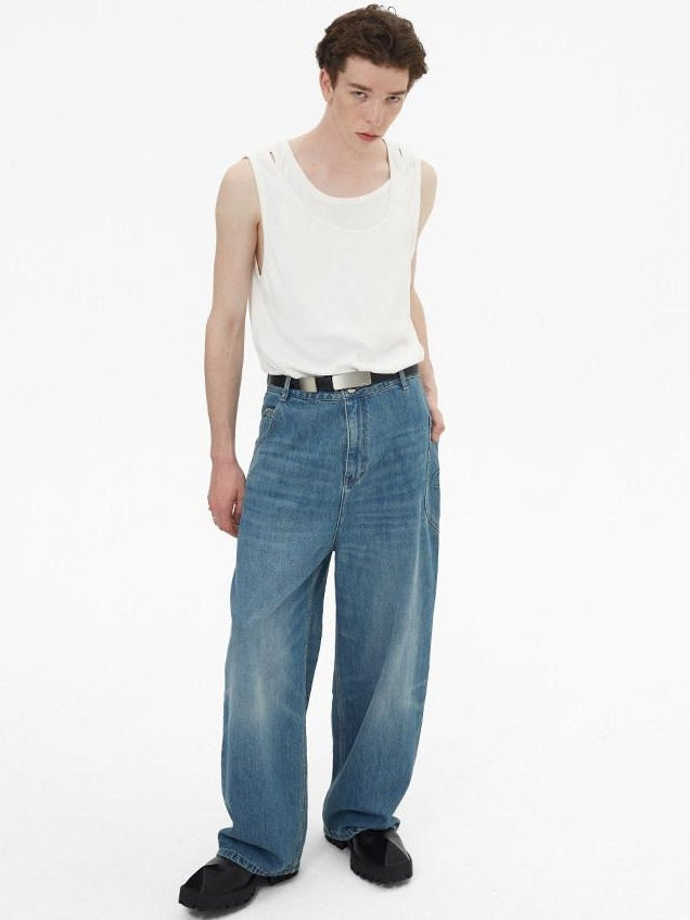 RUN TO THE FUTURE Durable Washed Mid Rise Loose Straight Urban Casual Denim Blue Wide-Leg Jeans