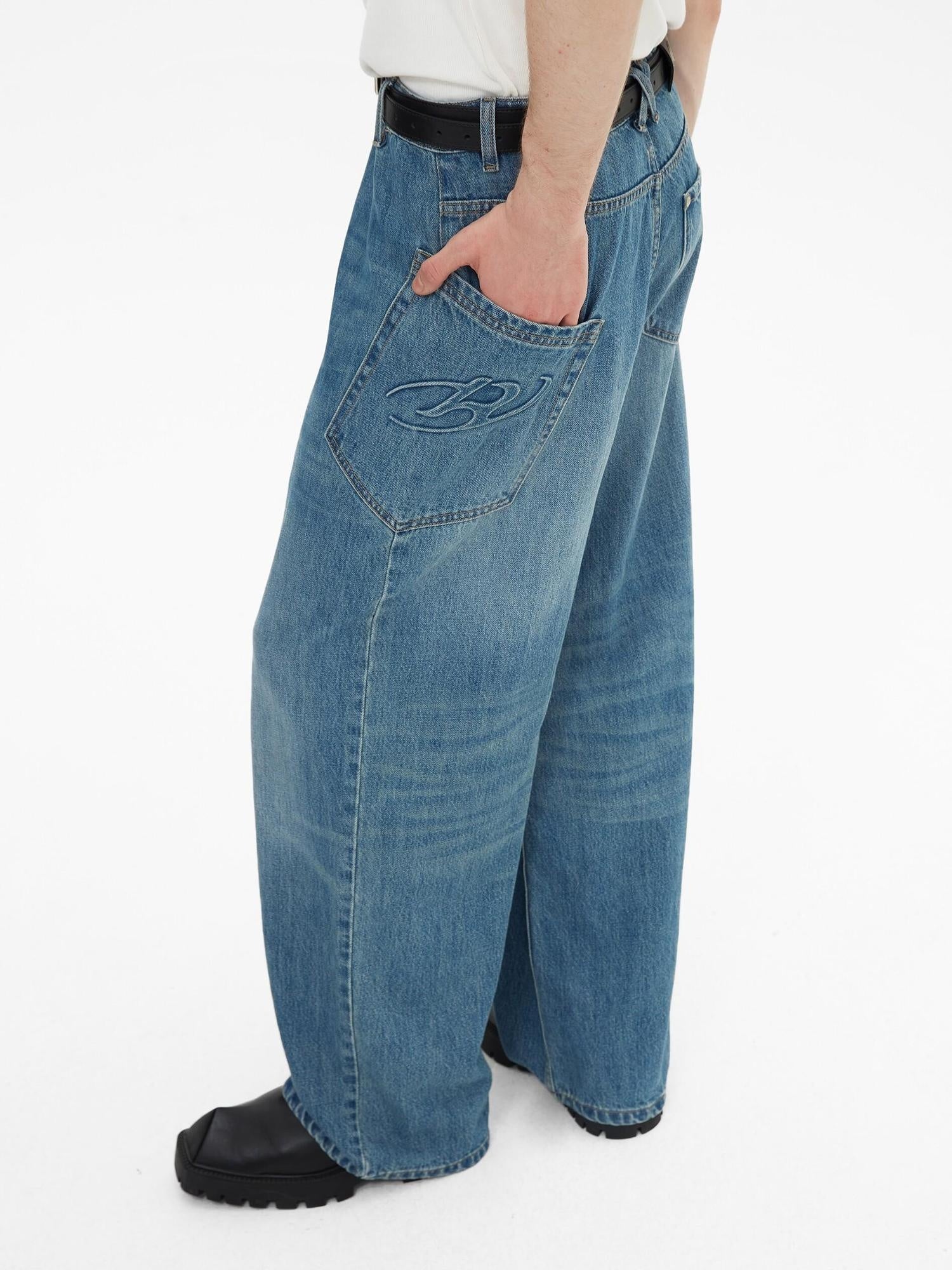 RUN TO THE FUTURE Durable Washed Mid Rise Loose Straight Urban Casual Denim Blue Wide-Leg Jeans