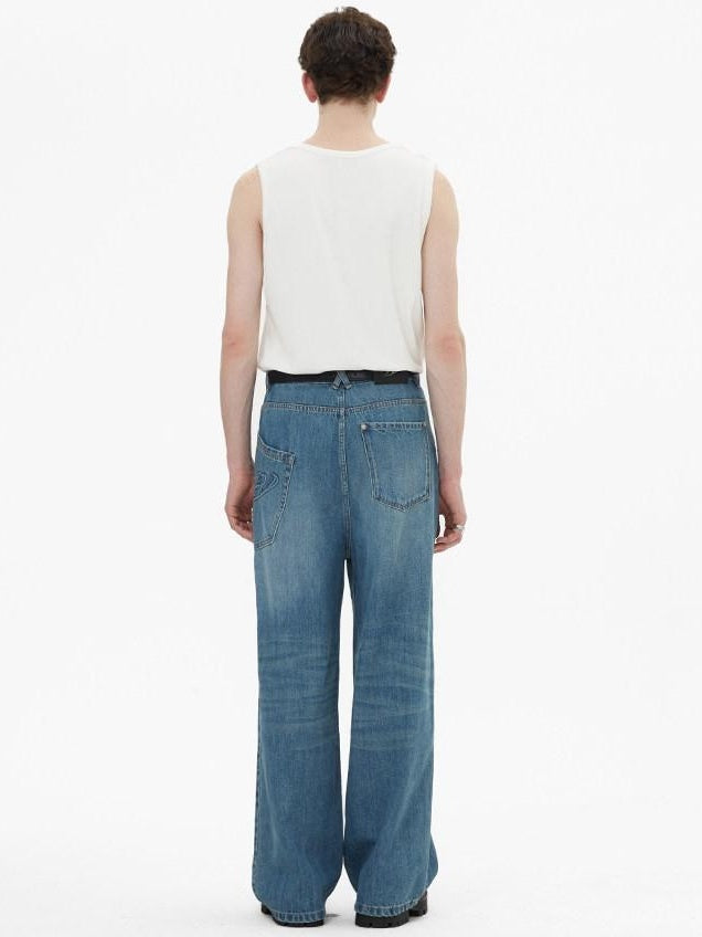 RUN TO THE FUTURE Durable Washed Mid Rise Loose Straight Urban Casual Denim Blue Wide-Leg Jeans