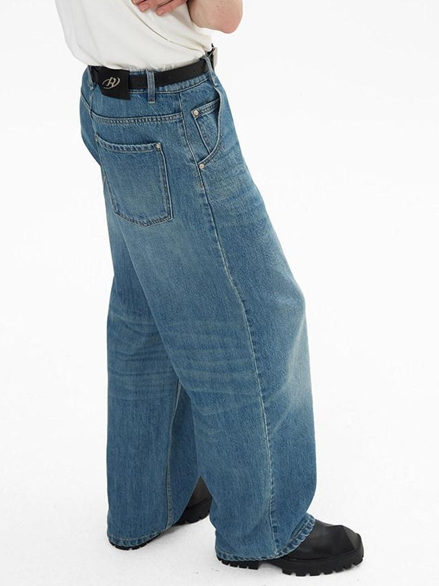 RUN TO THE FUTURE Durable Washed Mid Rise Loose Straight Urban Casual Denim Blue Wide-Leg Jeans