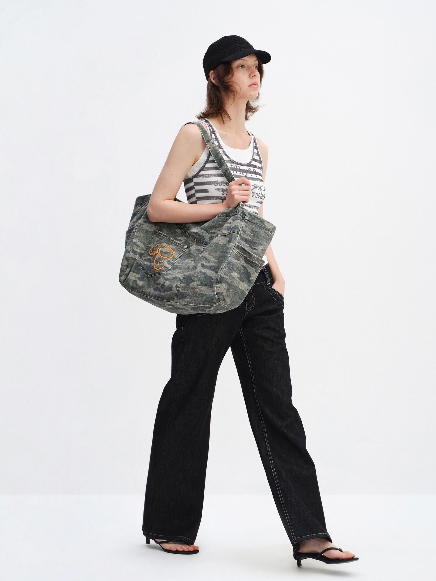 RUN TO THE FUTURE Embroidered Denim Camo Tote Single Strap Casual Youth Letter Print Shoulder Bags
