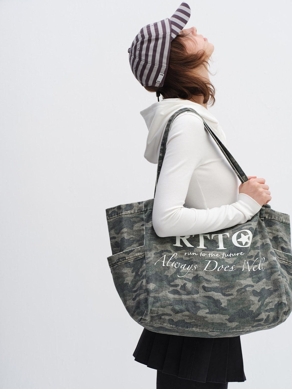RUN TO THE FUTURE Embroidered Denim Camo Tote Single Strap Casual Youth Letter Print Shoulder Bags