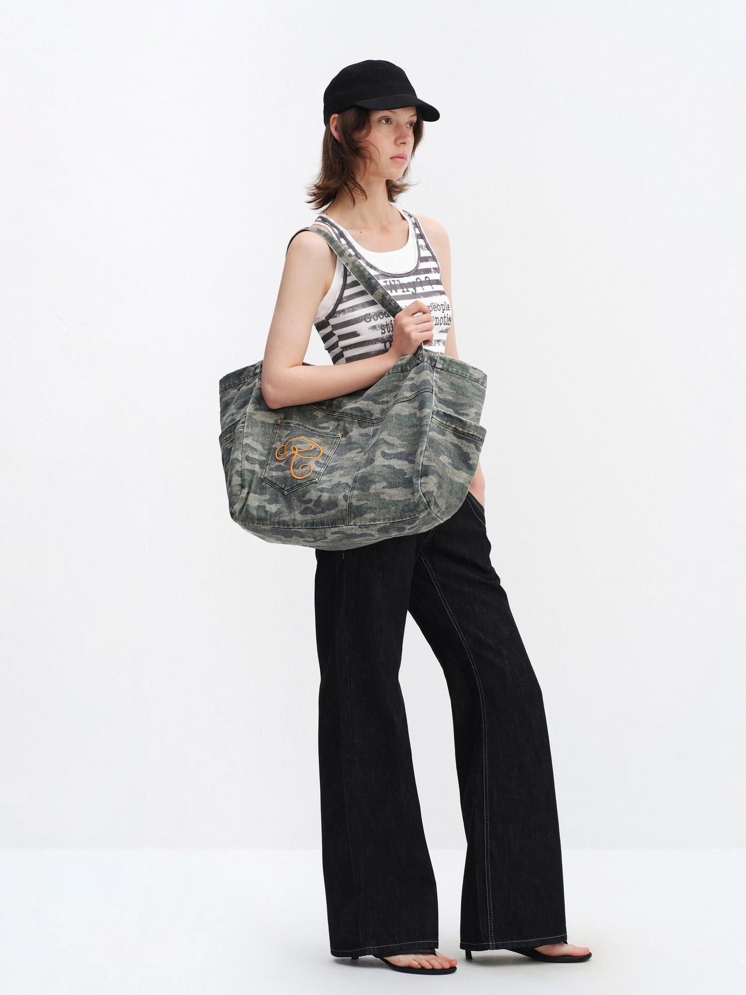 RUN TO THE FUTURE Embroidered Denim Camo Tote Single Strap Casual Youth Letter Print Shoulder Bags