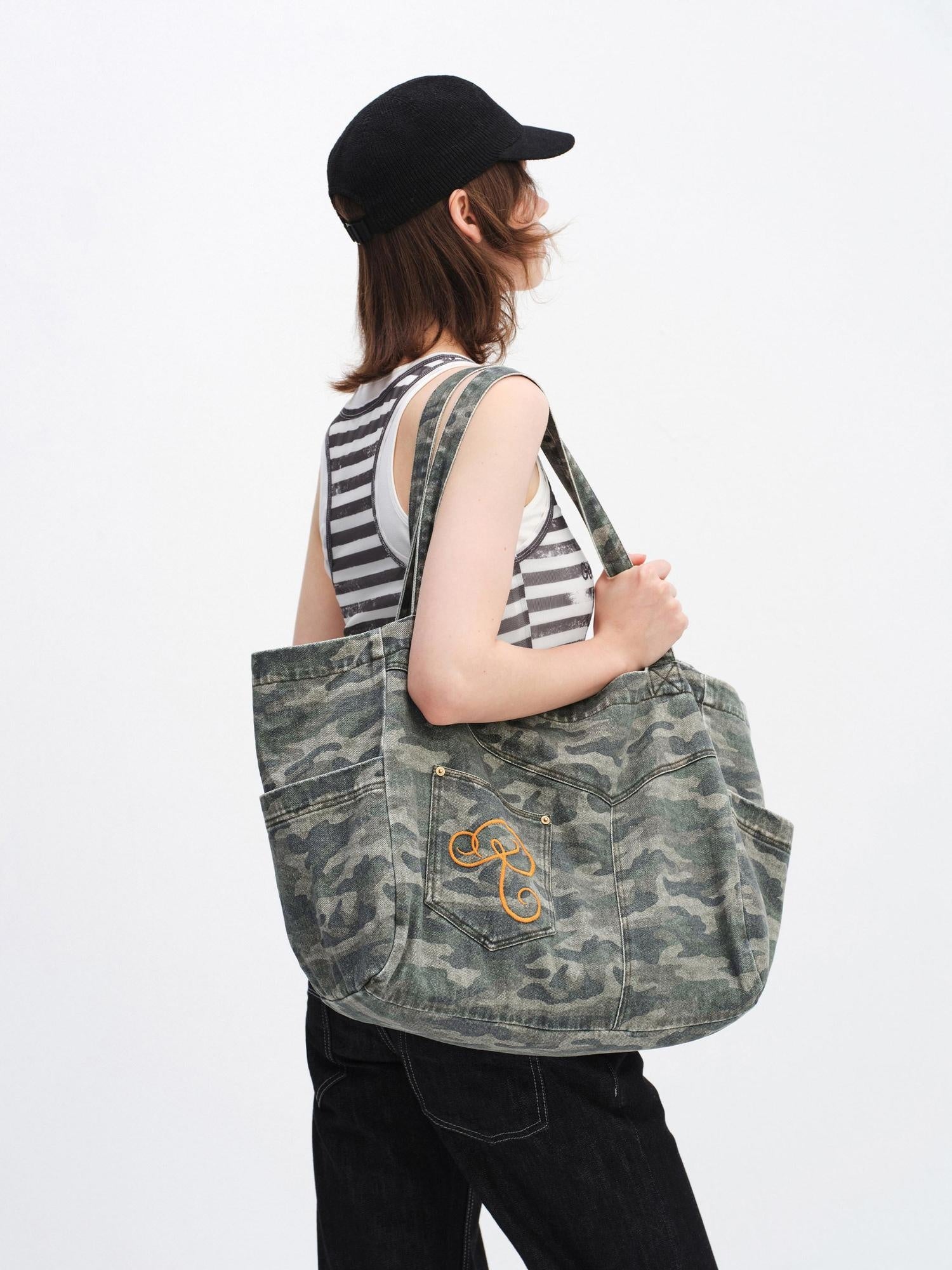 RUN TO THE FUTURE Embroidered Denim Camo Tote Single Strap Casual Youth Letter Print Shoulder Bags