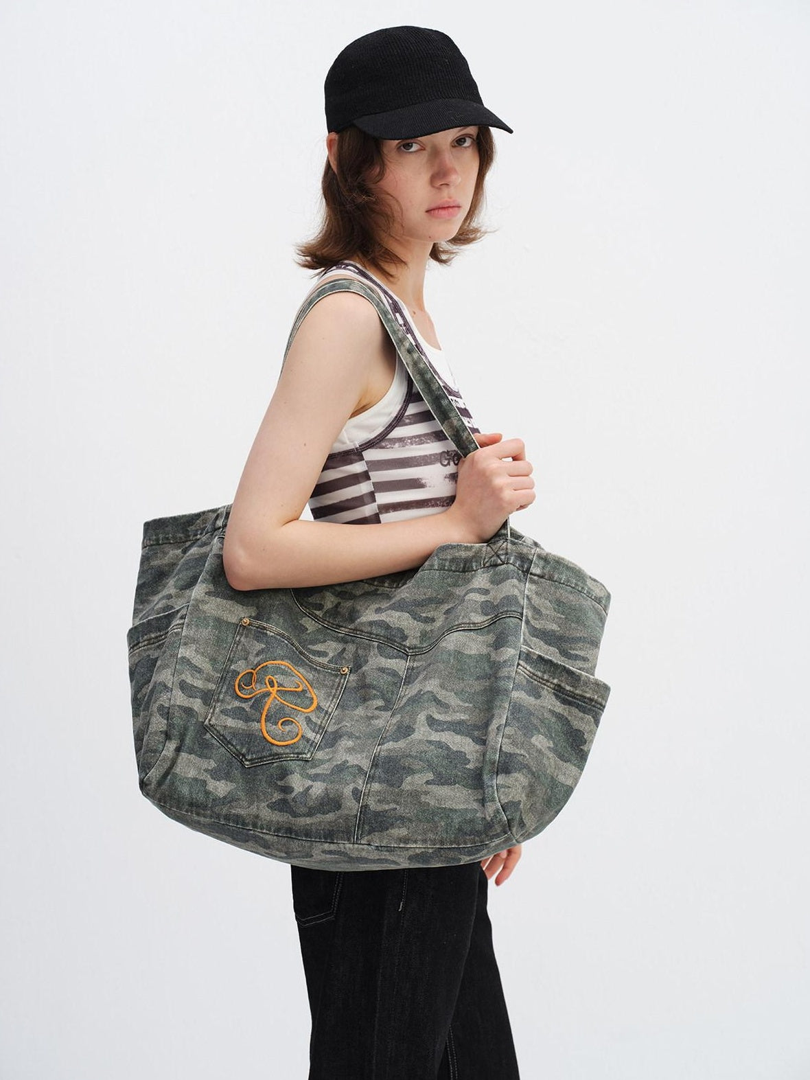 RUN TO THE FUTURE Embroidered Denim Camo Tote Single Strap Casual Youth Letter Print Shoulder Bags
