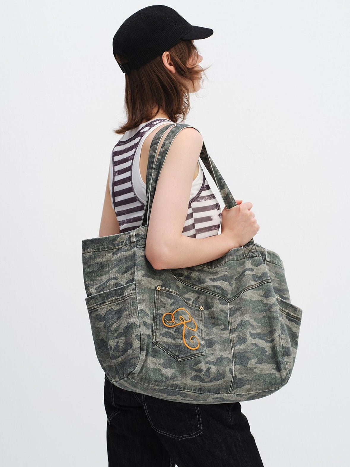 RUN TO THE FUTURE Embroidered Denim Camo Tote Single Strap Casual Youth Letter Print Shoulder Bags