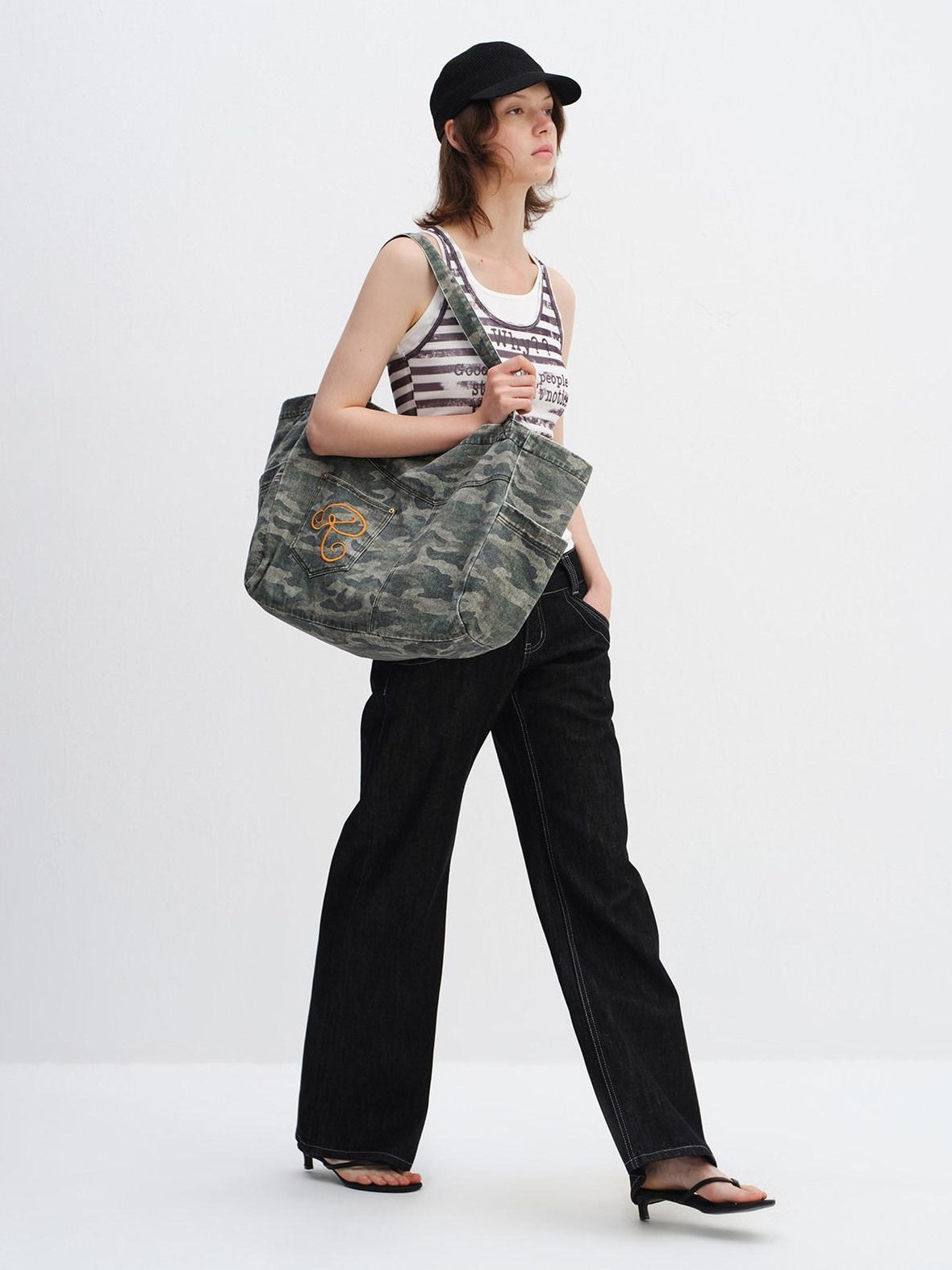 RUN TO THE FUTURE Embroidered Denim Camo Tote Single Strap Casual Youth Letter Print Shoulder Bags