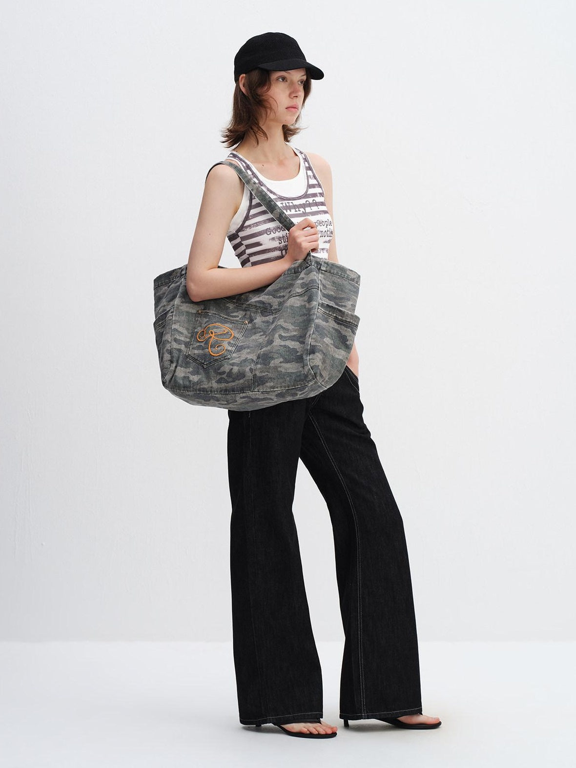 RUN TO THE FUTURE Embroidered Denim Camo Tote Single Strap Casual Youth Letter Print Shoulder Bags